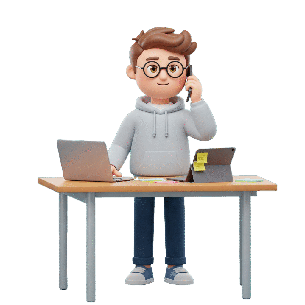 Animated character representing a web designer working at a desk, talking on the phone with a laptop and tablet, ready to discuss your project after you contact us