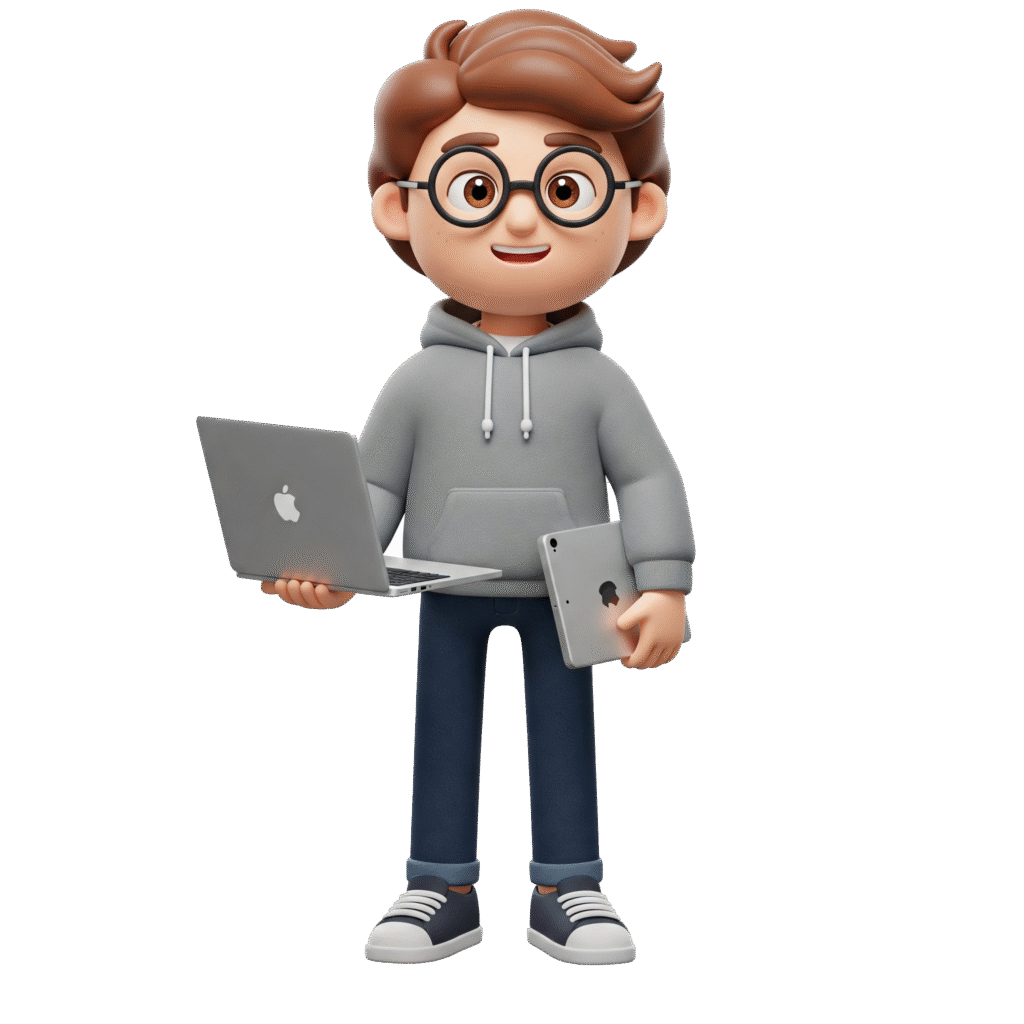 A 3D animated character, a boy with short, wavy brown hair and round glasses, wears a comfy gray hoodie, dark blue jeans, and sneakers. He stands, holding a silver laptop open in his left hand and a silver tablet in his right. He has a thoughtful expression, looking forward.